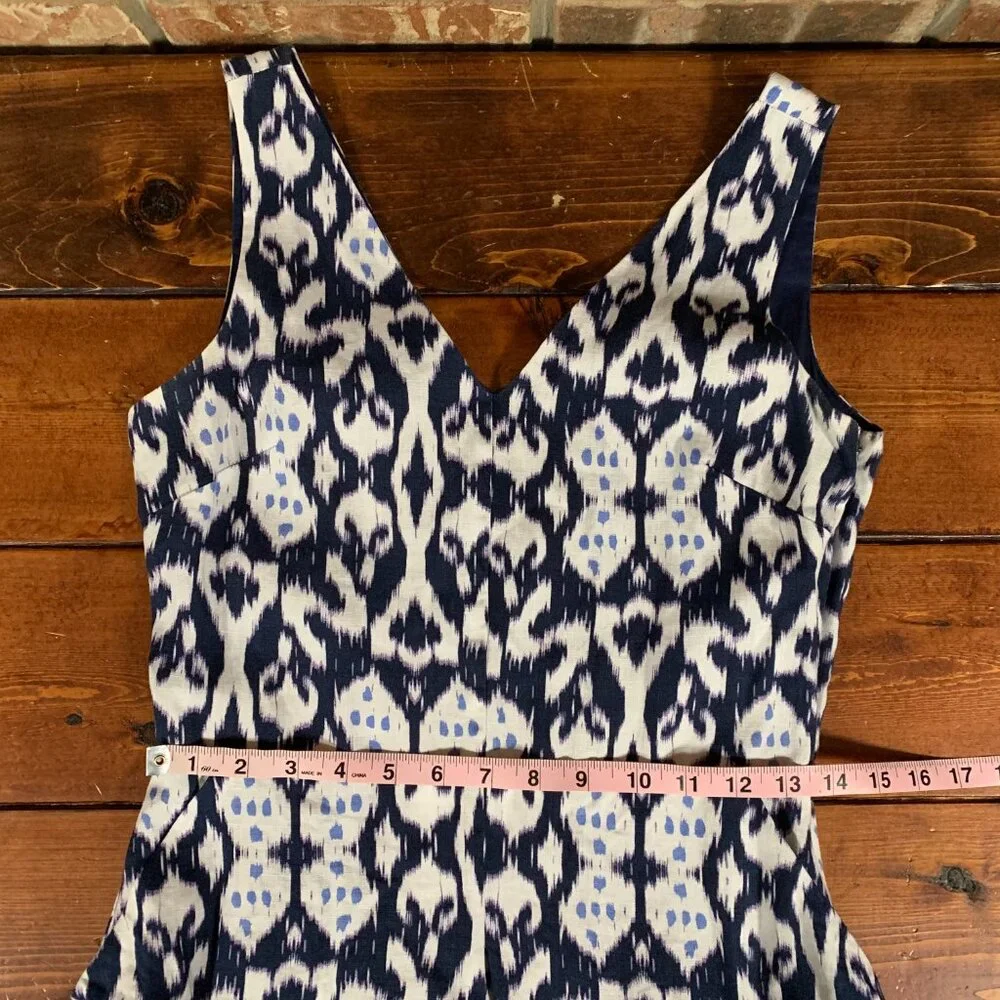 Gap 100% Linen Sleeveless V-neck Fit & Flare Ikat Blue White Mini Dress Size 4